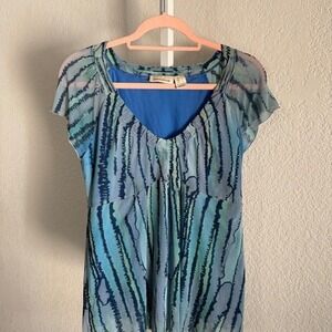 DKNY Jeans Women's Blue Mesh Sheer Overlay Top L Abstract Tie Dye Boho Y2K